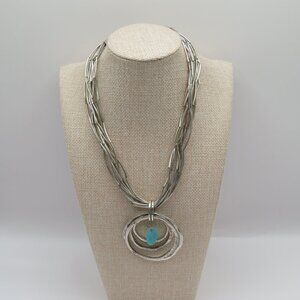 Silver Tone Multi-Strand Necklace with Interlocking Rings Sea Glass Pendant